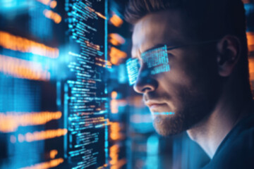 focused programmer analyzing code on futuristic display with glowing data, embodying innovation and 
