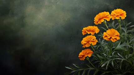 A painting of a bunch of orange flowers with a dark background