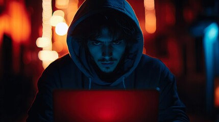 A man wearing a hood stares intently at a laptop screen, lit by red and blue lights, symbolizing cybersecurity, hacking, and cyber threats, Suitable for tech, cybersecurity