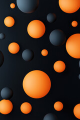 Wall Mural - abstract of floating orange and black spheres on dark background creating a modern and dynamic desig