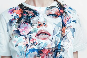 Sticker - A person wearing a unique T-shirt with a painting design, great for use in artistic or creative context