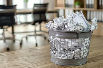 Wall Mural - A metal trash can sits on a wooden table, ready for use