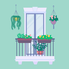 Wall Mural - Cartoon Color Urban Architecture Balcony with Flowering Plant Hanging Pots. Vector illustration of House Exterior Decorated with Plants