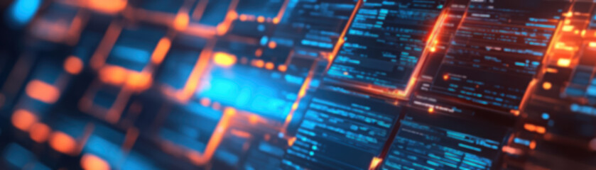 Close-up image of code glowing with vibrant colors, representing technology, programming, and futuristic design in a digital environment.