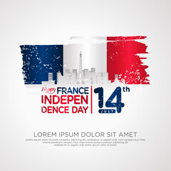 Wall Mural - France day greeting card with grunge and splash effect on flag as a symbol of independence