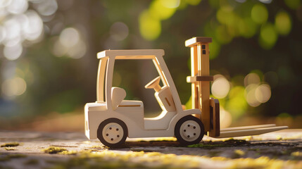 Wooden Forklift Toy Taken Outside with Blurry Background