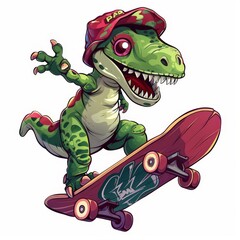 Wall Mural - Vintage cartoon funny dinosaur riding a skateboard sports and colorful graffiti style splash illustration on white background