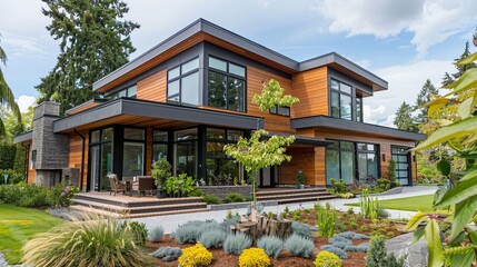 Wall Mural - Modern Luxury Home with Expansive Windows and Lush Landscaping