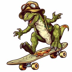 Wall Mural - Vintage Cartoon Dinosaur riding a skateboard sports illustration on white background Job ID: bacdf0ed-89da-4f9f-a5ea-692e4b798658