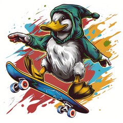 Wall Mural - Vintage cartoon funny duck riding a skateboard sports and colorful graffiti style splash illustration on white background