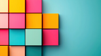 Wall Mural - Colorful abstract geometric background with vibrant squares. Modern design, 3D elements, and bright colors create a dynamic aesthetic.