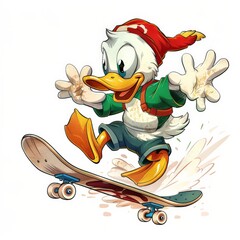 Wall Mural - Vintage cartoon funny duck riding a skateboard sports and colorful graffiti style splash illustration on white background