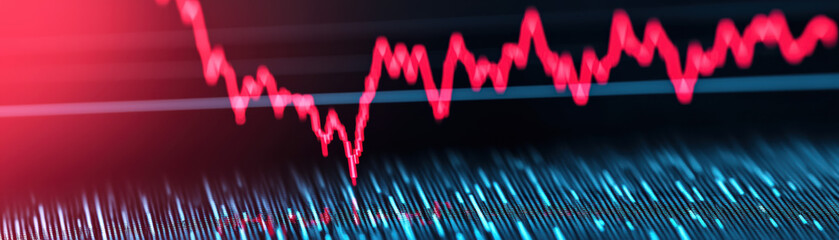 A dynamic red financial graph with fluctuating values on a blue digital background, representing market volatility and data analysis in finance.