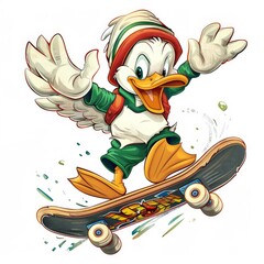 Wall Mural - Vintage cartoon funny duck riding a skateboard sports and colorful graffiti style splash illustration on white background