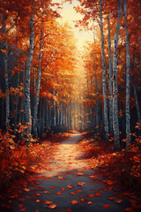 Wall Mural - Path leading through autumn forest. Autumn landscape painting. Trees and shrubs in fall colors.