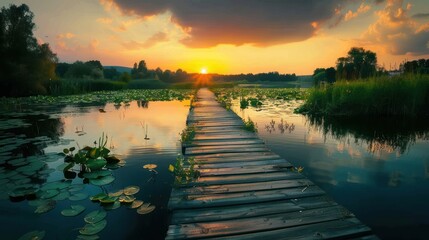 Sunset over a Wooden Bridge Leading to a Tranquil Lake