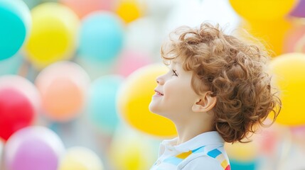 A young boy with curly hair smiles and looks up at colorful balloons in the background.