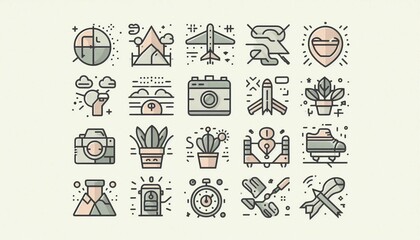 set of icons
This comprehensive set of line icons encapsulates a diverse range of travel and adventure themes, including exploration, nature, photography, transportation, and outdoor activities. 