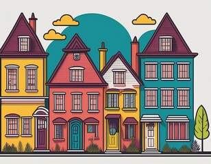 Colorful Illustration of a Small Town with Houses