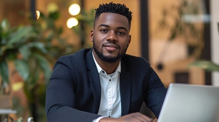 Wall Mural - Confident young businessman working on laptop in modern office