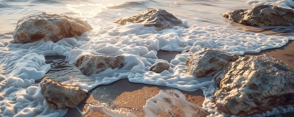 Wall Mural - Coastal rocks with sea foam, 4K hyperrealistic photo