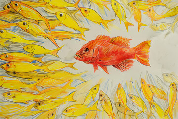 being unique business metaphor. A goldfish is swimming in a school of fish