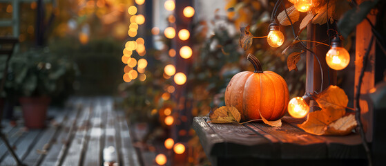 Autumn pumpkin decor with glowing light bulb, string garlands decoration on wooden background at the backyard patio.Fall banner. Copy space. Generative ai