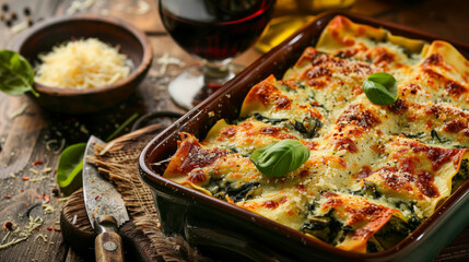 Gourmet Spinach and Ricotta Cannelloni with homemade pasta filled with creamy spinach and ricotta