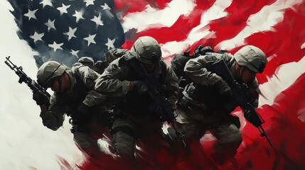 Dynamic depiction of soldiers advancing with determination against a backdrop of the American flag, symbolizing valor and patriotism.