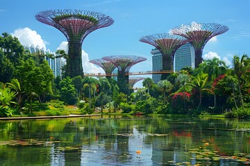 Stunning View of Singapore's Supertree Grove Surrounded by Lush Gardens and Reflective Waters