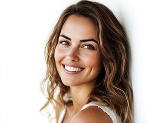 Girl with a bright smile posing against a light background in a casual setting