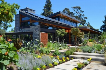 Wall Mural - Modern Architectural Home with Lush Garden and Stone Patio