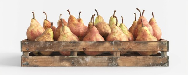 Wall Mural - Wooden crate filled with fresh pears on white background, 4K hyperrealistic photo