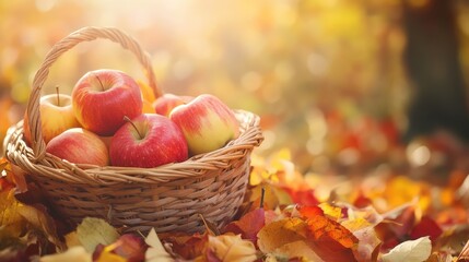 Canvas Print - Autumn, autumn apples in basket on background with copy space. The generation of AI