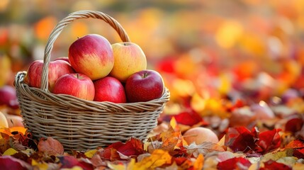 Canvas Print - Autumn, autumn apples in basket on background with copy space. The generation of AI