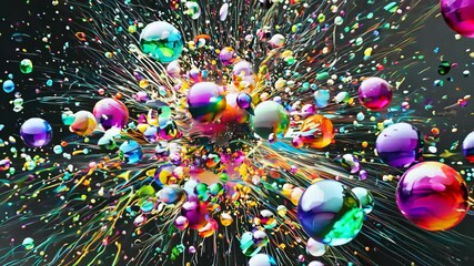 Multicolored spheres exploding on black background