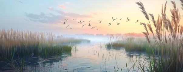 Poster - Serene marshland with tall reeds and birds, 4K hyperrealistic photo