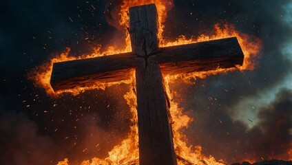 wooden cross burns with fire