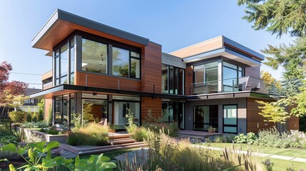 Wall Mural - Modern Wooden House with Large Windows and Garden