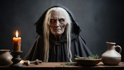 Eerie portrait of elderly woman with white disheveled hair, stern expression behind cluttered wooden table, generative ai