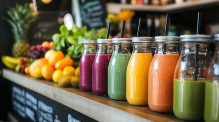 Aufkleber - Colorful jars of freshly squeezed juices line a wooden counter beside an array of fruits, creating an inviting atmosphere in a cafe.