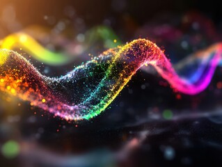 Wall Mural - Vibrant Abstract Wave of Multicolored Particles on Dark Background with Bokeh Effect