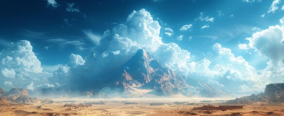 Canvas Print - Majestic mountain peak rising above a vast desert, with dramatic clouds in a blue sky. The serene landscape combines natural beauty and tranquility.