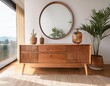 © Verdiana - Modern Mid Century Interior Design with Wooden Cabinet and Oval Mirror