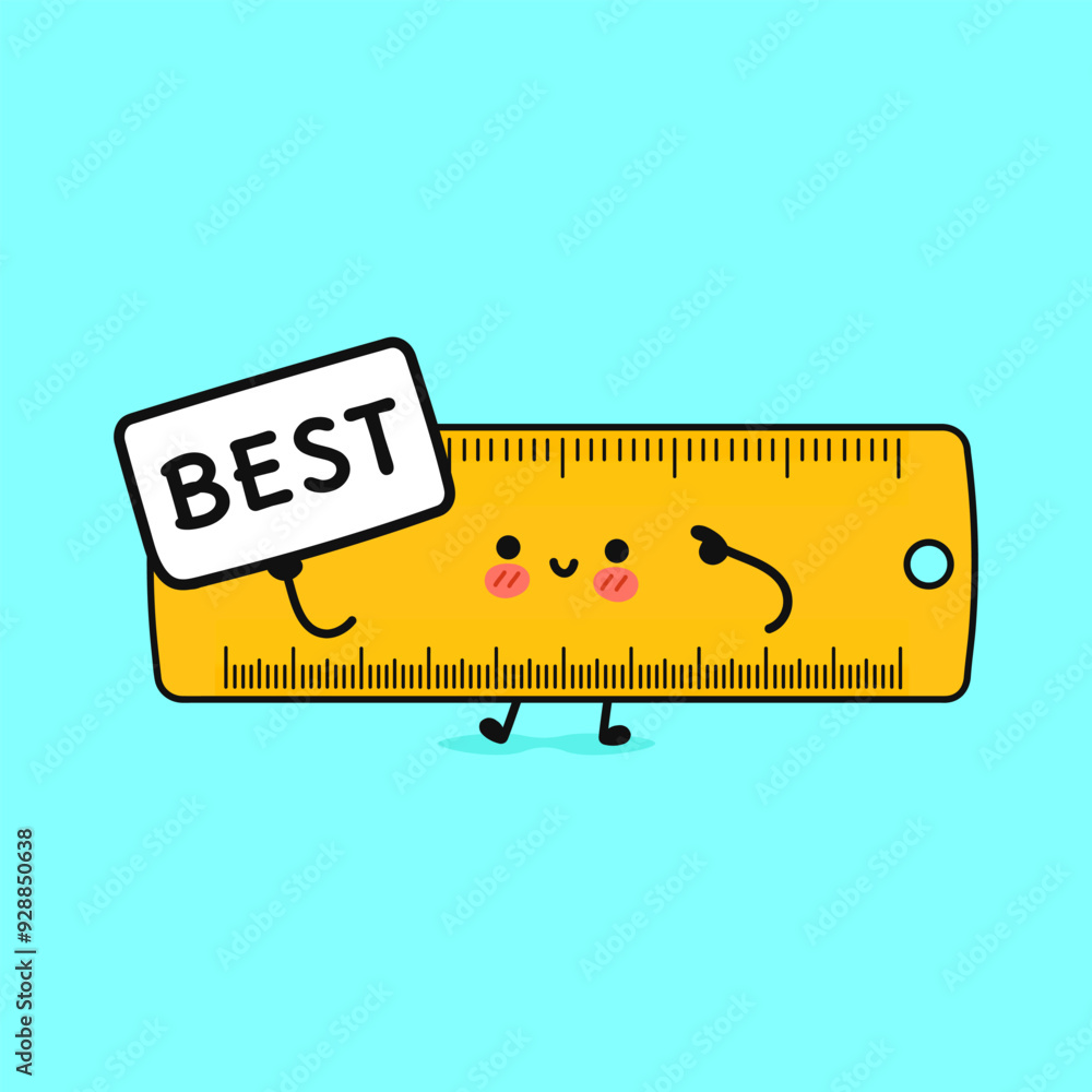 Character Ruler Color:blue Cute Ruler with poster best. Vector hand drawn cartoon kawaii character ...