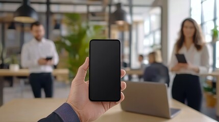 At work, two businesspeople interact with mobile smart phones and laptop computers at the same time. Startup business teamwork, colleague using laptop, meeting and sharing ideas.