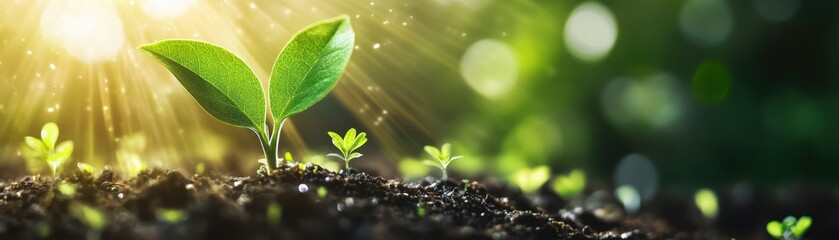 Wall Mural - Young Green Seedlings Growing in Soil with Sunlight Rays in a Lush Garden Environment