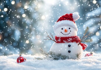 happy snowman character with branches and red hat in hand, standing on the white winter background