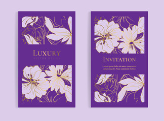 Wall Mural - Purple and gold luxury invitation card design with vector ornament pattern. Vintage template. Can be used for background and wallpaper. Elegant and classic vector elements great for decoration.