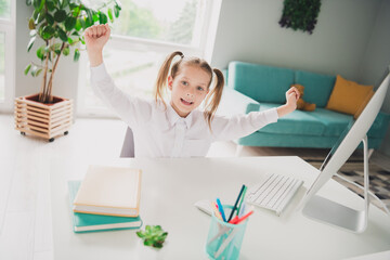 Wall Mural - Photo portrait of cute small schoolgirl winning celebrate raise fists home education concept school interior